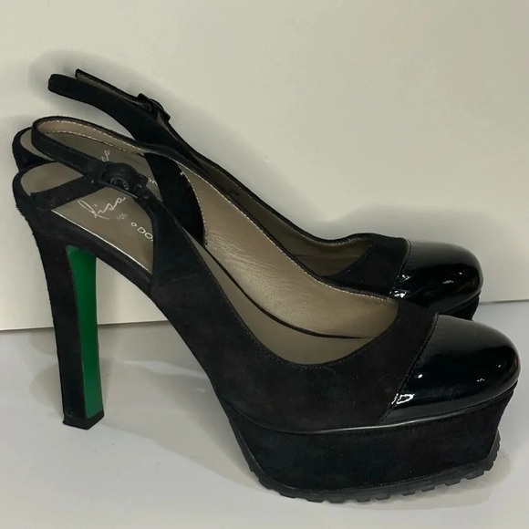 Lisa for Donald J Pliner Black Suede Patent Leather Heel 7.5 Green Bottom - Picture 1 of 15